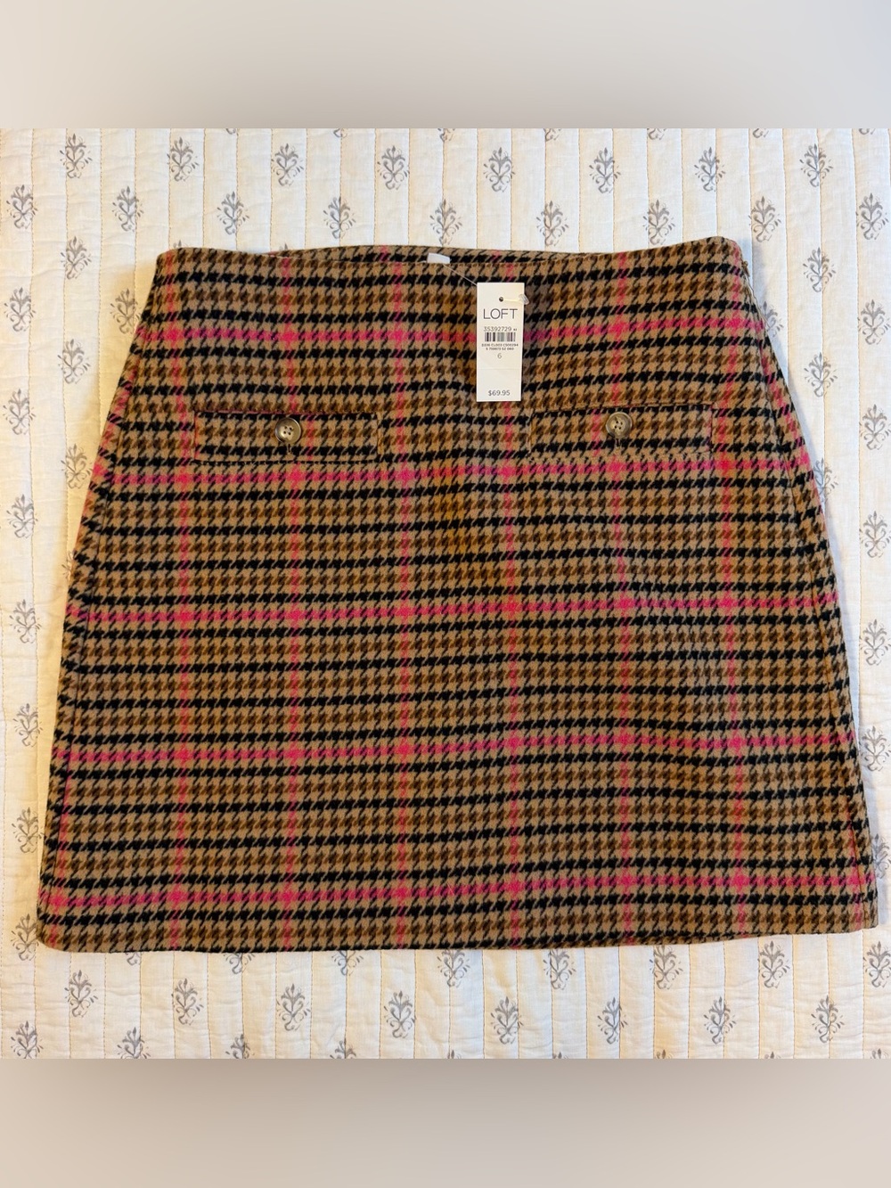 LOFT Wool Houndstooth Plaid Mini Skirt Brown Pink Size 6 NWT